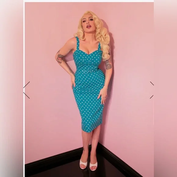 Vixen by Micheline Pitt Teal Polka Dot Midi Dress - Picture 7 of 7